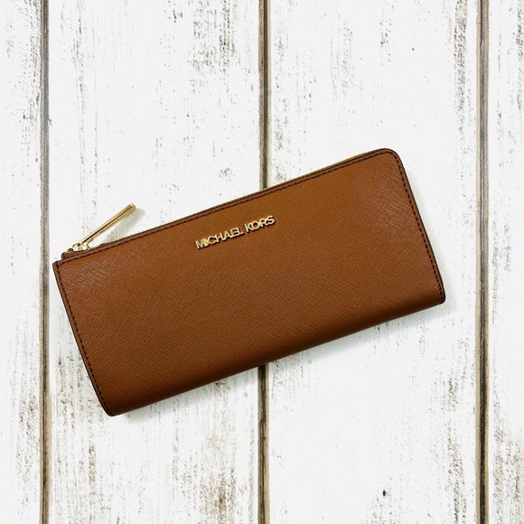 Michael Kors Handbags - Michael Kors Saffiano Leather Quarter Zip Wallet Luggage Brown